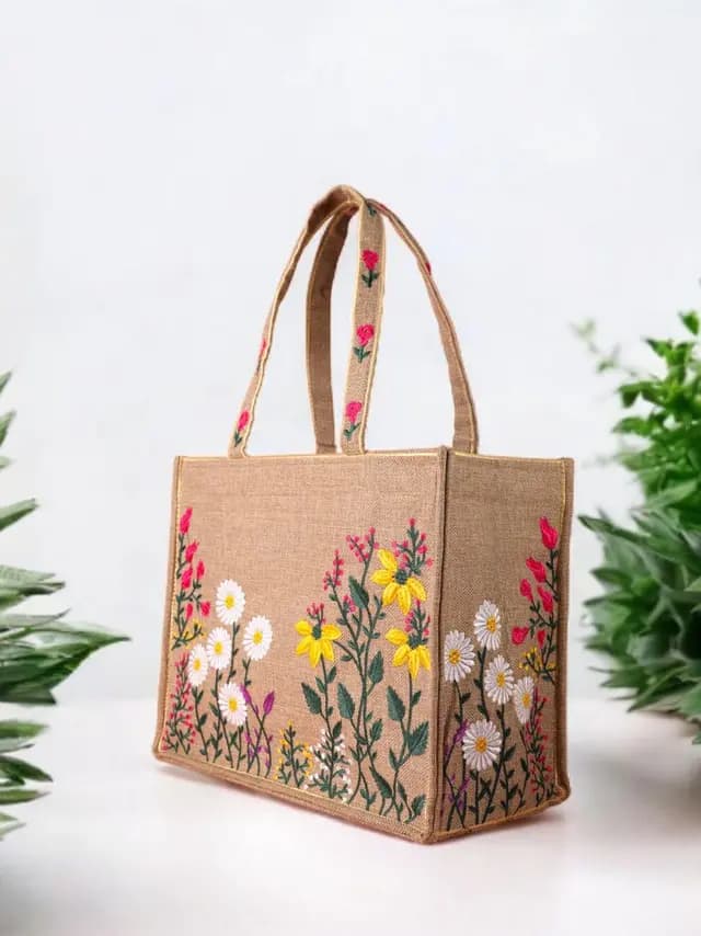 Embroidered Floral Jute Tote Bag: Eco-Friendly Reusable Handbag