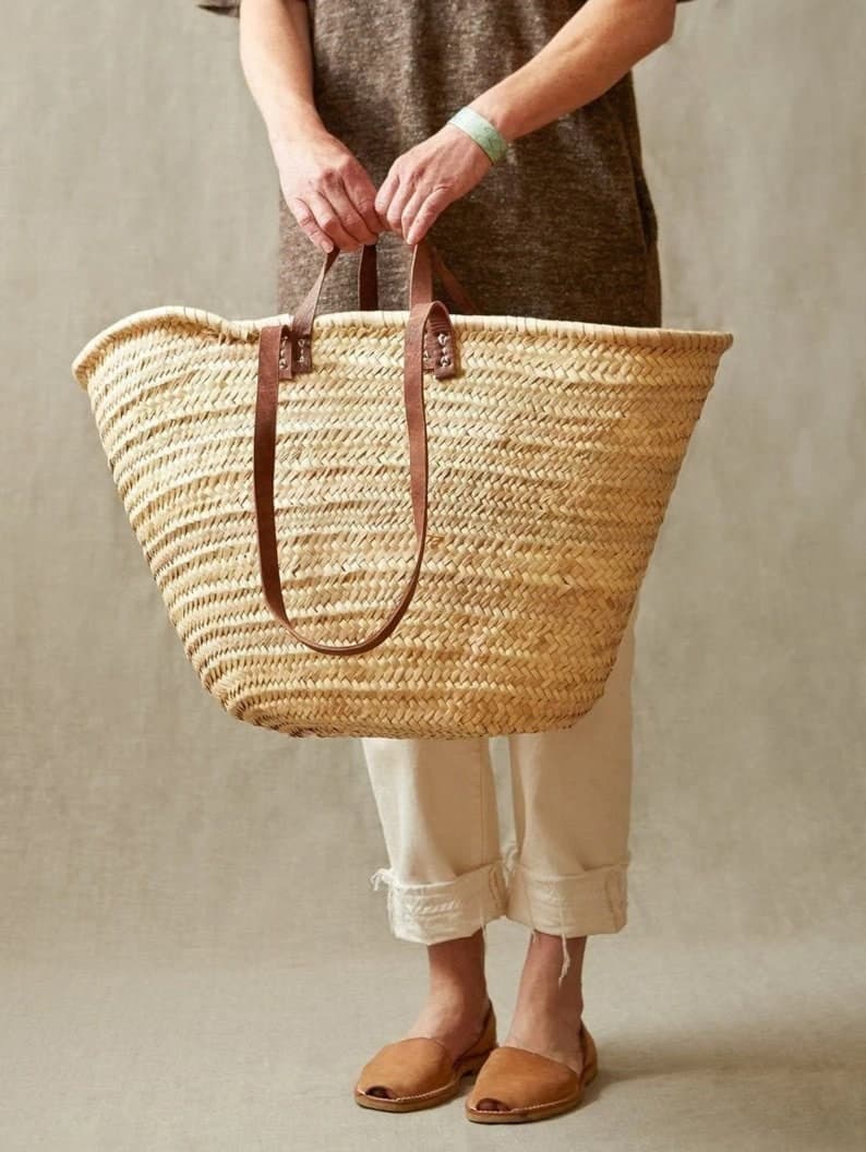 Handwoven Straw Bag with Leather Accents - French Market Basket, Eco-Friendly Grocery Tote, Stylish French Market Bag