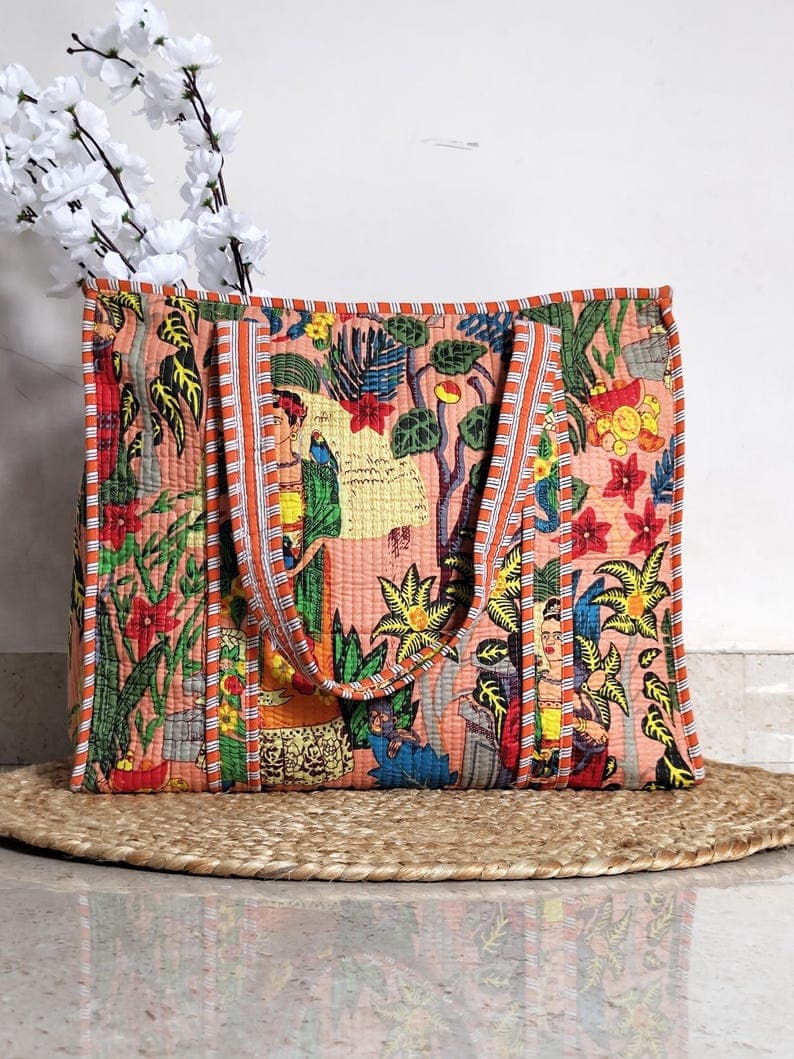 Frida Kahlo Inspired Pink Cotton Quilted Handmade Tote Bag, Everyday Market Grocery Bag For Women, Bridal Party Bag, Women Shopping Bag