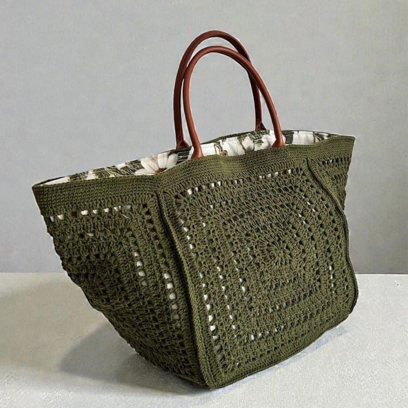 Handmade Crochet Tote Bag, Lined Boho Market Shoulder Bag, Large Everyday Gift For Her