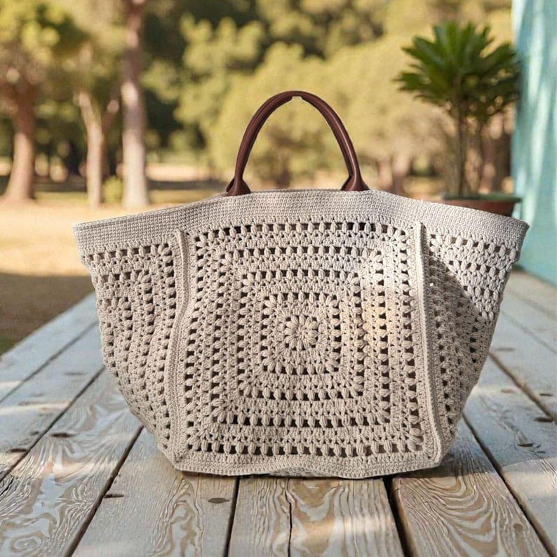 Handmade Crochet Granny Square Tote Bag, Boho Style