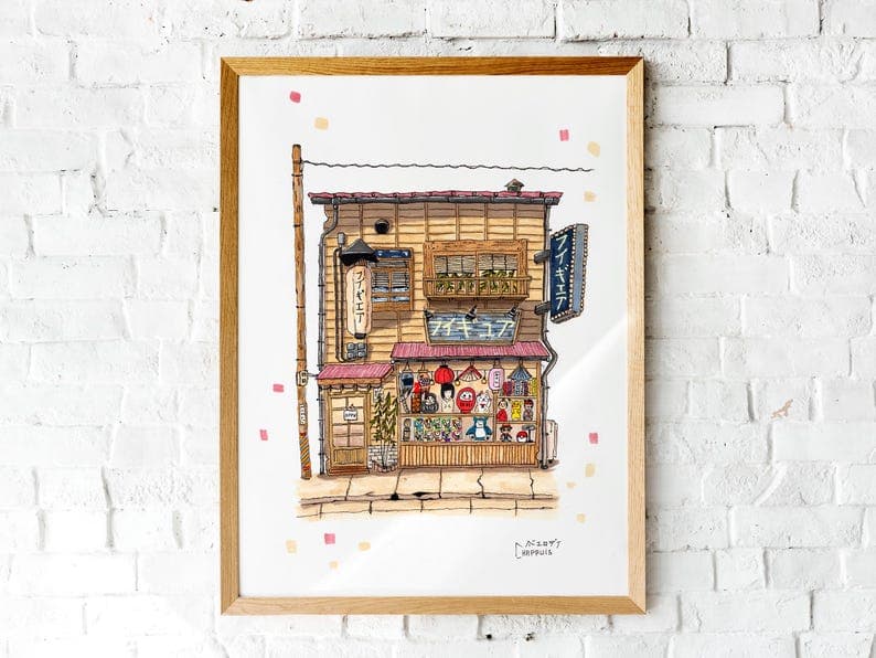 Hand-drawn illustration of a Japanese souvenir shop. Giclée print on textured watercolor art paper. Signed by me.