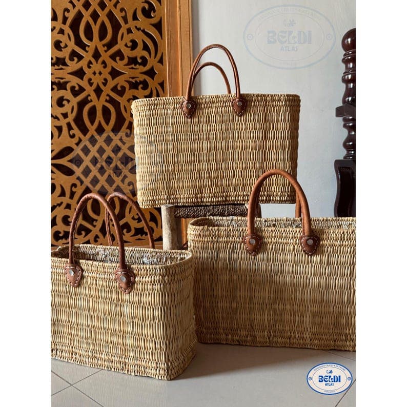 Handmade Woven Moroccan Market Basket with Leather Handles