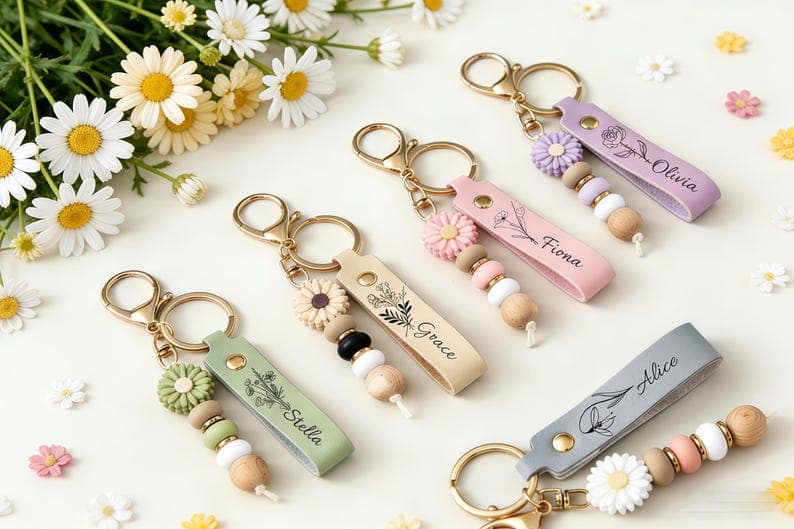 Handmade Daisy Beaded Keychain, Personalized Name Keyring, Cute Custom Bag Charm, Back to School or Friendship Gift