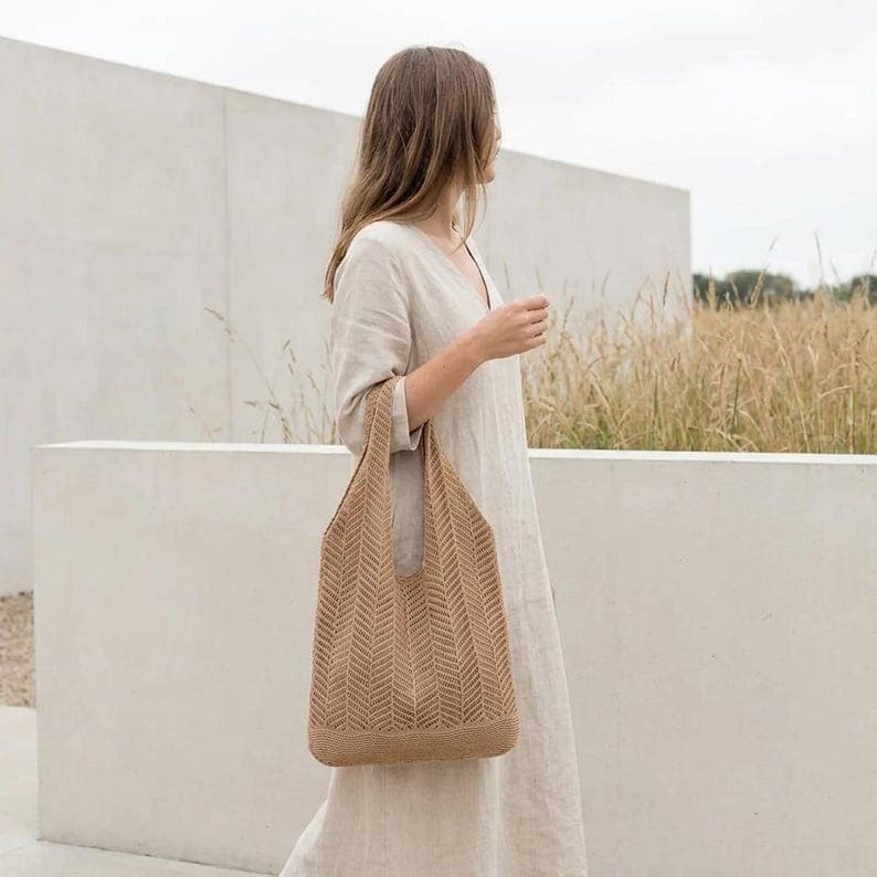 Handmade Crochet Tote Bag, Boho Shoulder Bag, Summer Beach Shopper, Knit Market Handbag, Aesthetic Woven Purse, Gift for Her